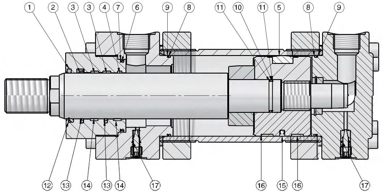 Esquema de corte seccional de un cilindro hidráulico Aircontrol